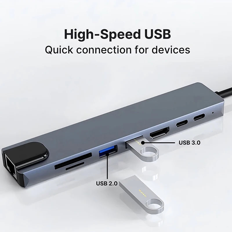 8 in1 USB C HUB 3.0 Type C Splitter 4K Docking Station Laptop Adapter