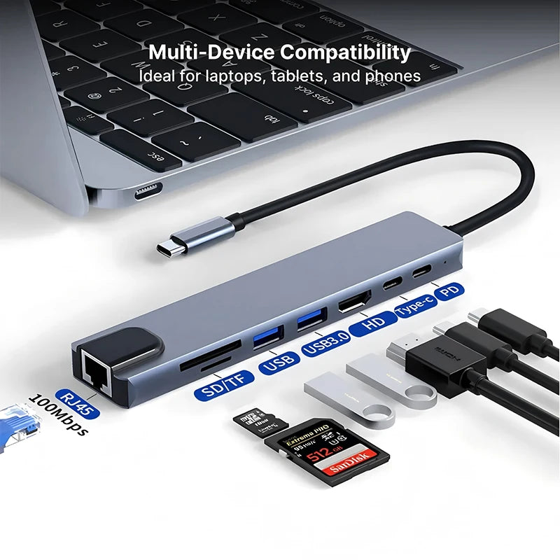8 in1 USB C HUB 3.0 Type C Splitter 4K Docking Station Laptop Adapter