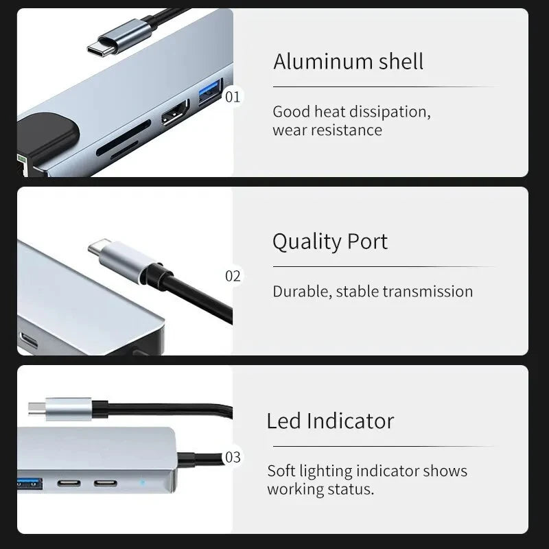 8 in1 USB C HUB 3.0 Type C Splitter 4K Docking Station Laptop Adapter